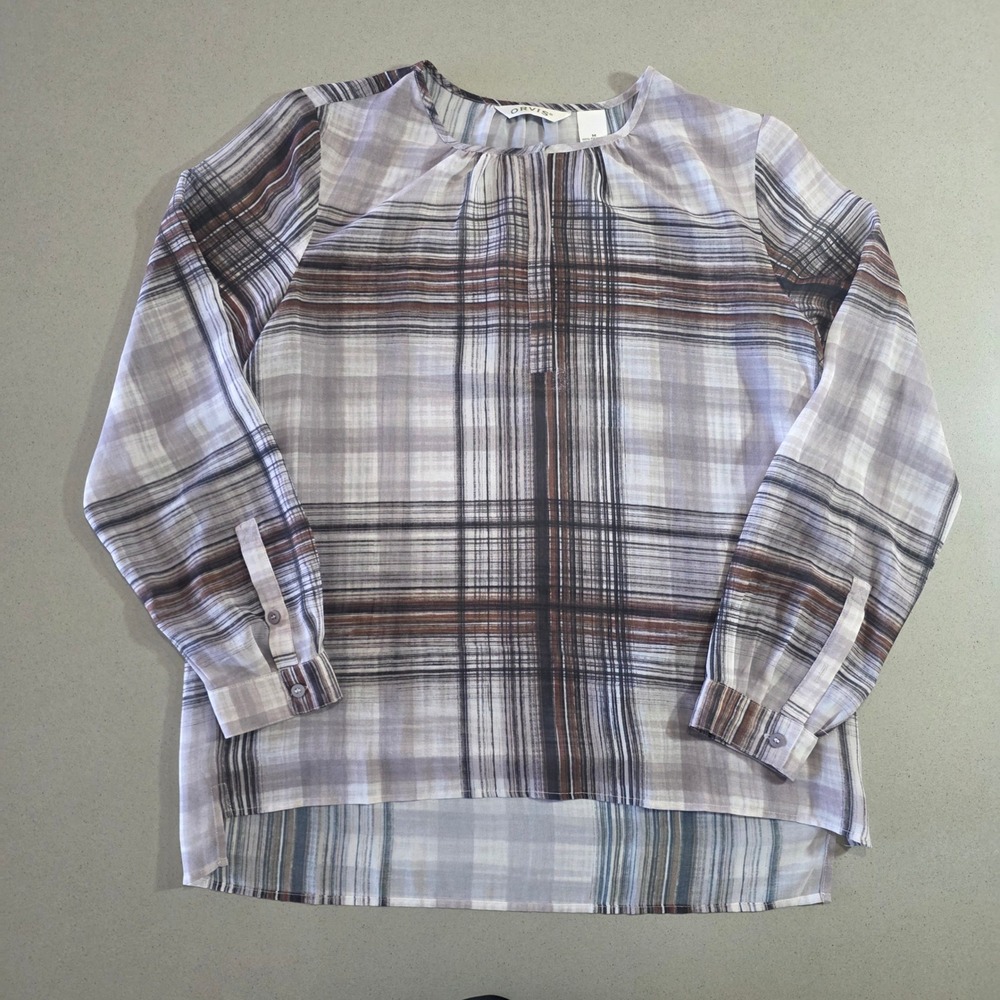 Orvis Womens Plaid Sheer Long Sleeve Blouse Grey Brown Pleated Neck M RN 70534